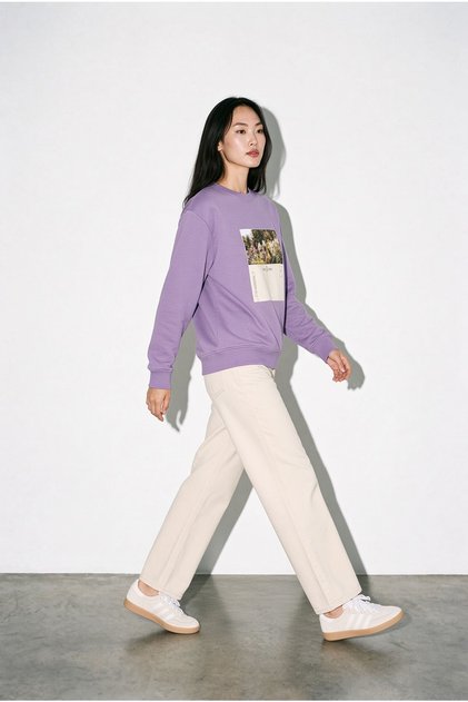 Women's Lilac Embossed Printed Cotton Sweatshirt