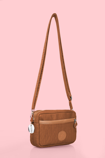 Women's Tan Cross Strap Three-Compartment Zippered Crinkle Daily Shoulder Bag