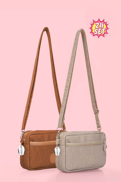 Women's Crossbody Three-Compartment Zippered Crinkle Casual Shoulder Bag Brown and Beige Set of 2