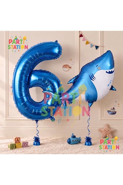 Shark Theme Balloon 6th Birthday Balloon Set, Shark Themed Balloons and Navy Blue Number Balloons