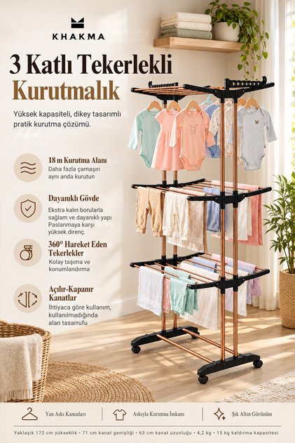 3 Katlı Tekerlekli Katlanabilir Çamaşır Kurutmalık – Kanatlı Kurutma Askısı