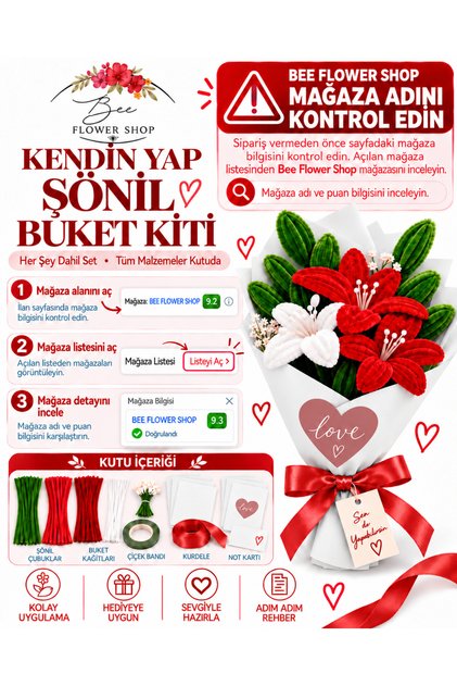 Kırmızı Beyaz Lilyum Buketi Kendin Yap (DIY) Kiti | 65 Adet Şönil İçerir Hobi ve Hediye Seti
