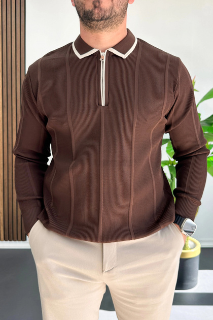 Men's Polo Collar Zippered Sweater Brown Edw510