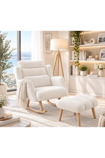 ICON Sallanan Ahşap Ayaklı Bel ve Boyun Destekli Wellsoft Beyaz ÖZEL TASARIM Berjer Koltuk-BENCH PUF HEDİYELİ