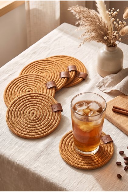 Set of 6 Dark Beige Jute Coasters 12X12 cm Straw Weave Coasters Compatible with Supla Mug Holder