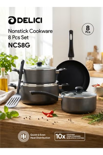 Nonstick Cookware Set 8 Pcs, Aluminium Pots & Pans Set with Glass Lids, Casserole 24cm & 20cm, Saucepan 18cm, Frypan 24cm, PFOA Free, Dishwasher Safe, All Cooktops - NCS8G