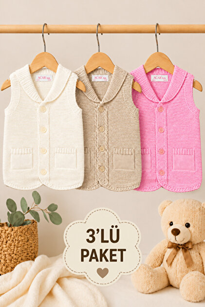 Unisex Baby Knitwear Vest 3-Pack Buttoned Sleeveless Baby Vest 6-24 Months