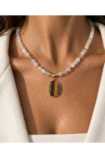 Quartz Natural Stone Tiger's Eye Pointed Necklace 46 cm