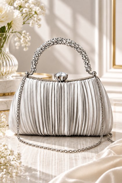 Silver Satin Pleated Evening Dress Bag Pleated Evening Dress Bag / Pleated Evening Dress Bag with Handle/Handbag Stone-Embellished Evening Dress Stylish Bag