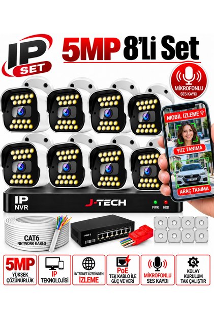 K1021 5MP IP SESLİ Renkli Gece Görüşlü 8 Li Akıllı Güvenlik Kamera Seti – Yüz ve Araç Tanıma