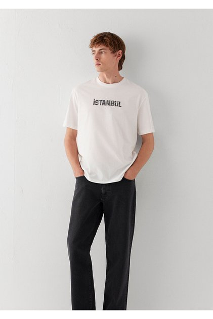 Istanbul Printed Ecru T-Shirt Loose Fit / Comfortable Loose Cut 0613593-70057