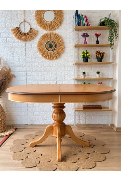 Baba Ayaklı Masa Ahşap Oval Naturel Renkli Açılır Masa (BOY 80 CM/EN 120 CM)