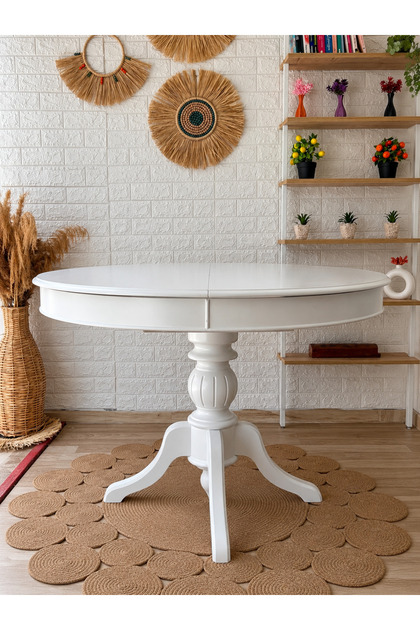 Baba Ayaklı Masa Ahşap Yuvarlak Beyaz Renkli Açılır Masa (ÇAP 110 CM)