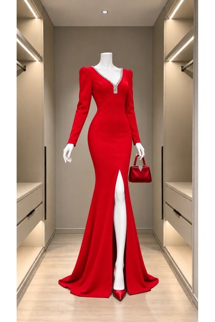 Rochie de seară cu decolteu în V, cu pietre aplicate și șliț, din țesătură elastică Scuba 583099 ROȘU
