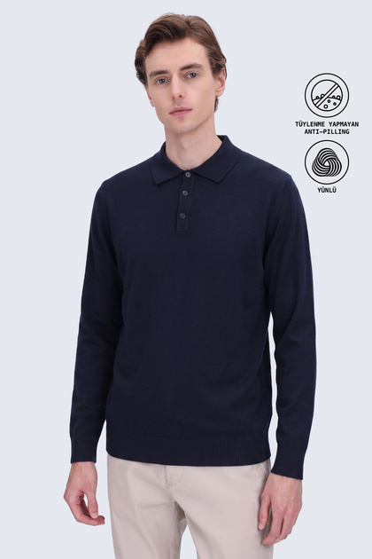 Navy Blue Regular Fit Plain Polo Collar Knitwear Sweater