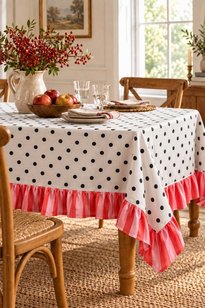 Polka Dot Patterned Pink Ruffled Decorative Garden Balcony Kitchen Tablecloth