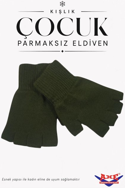 Koyu Yeşil Unisex Çocuk Parmaksız Kesik Yarım Parmak Kışlık Örme Triko Eldiven 9 - 15 Yaş