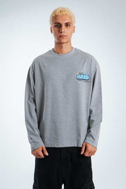 Hustle Hard Oversize Long Sleeve Gray Men's T-Shirt