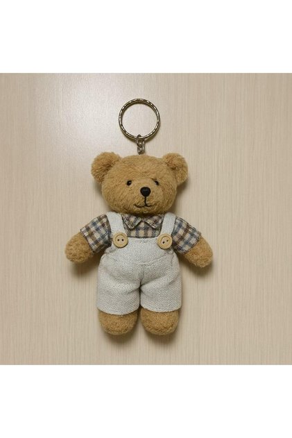 Peluş Ayıcık Anahtarlık 12 cm Ekose Gömlekli Tulumlu Çanta Süsü
