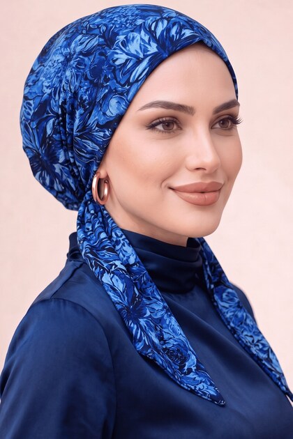 Women's Saks Blue Yellow Floral Patterned Back Gathered Elastic Scarf Bonnet