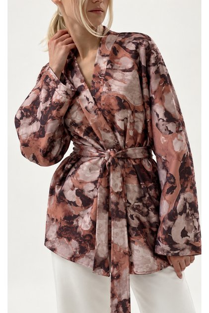 Brown Mixed Patterned Belted Kimono