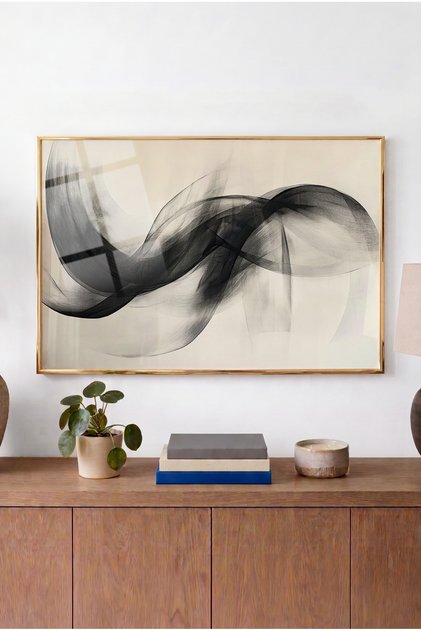 Cosmic Black Flow Themed Horizontal Glass Table - Gold Metal Framed Table for Home, Business, and School