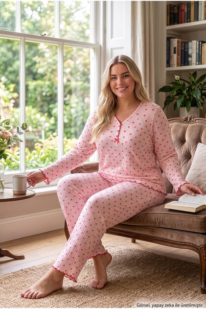 Raporlu İnterlok Kumaş Yakası Düğmeli Kışlık Büyük Beden Kadın Pijama Takımı 2950