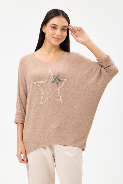 Women's Camel Italian Star Patterned Bat Sleeve Oversize Lycra Knitwear Sweater Size 40 - 48