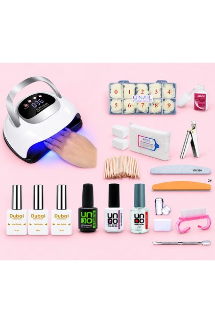 Profesyonel Protez Tırnak Başlangıç Seti – 72 LED UV/LED Lamba, 540’lı Tips, 3 Kalıcı Oje, Base, Top Coat, Primer ve Manikür Aksesuarları