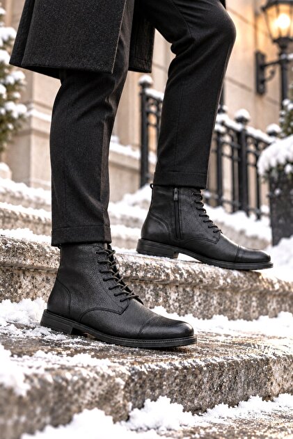 Zrk-H1 Premium Black Genuine Leather Zippered Daily Men's Boots