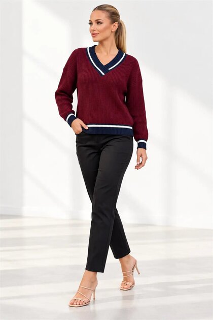 Women's Burgundy V-Neck Contrast Stripe Detailed Long Sleeve Knitwear Sweater Hzl28W-Wm535