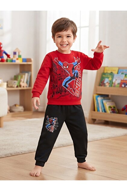 Kırmızı Renk Erkek Çocuk Karakter Desen Uzun Kollu Pamuklu Alt Üst Pijama Takımı