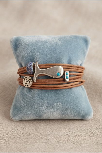 Leather Cord Bracelet with Fish Figure and Bead Detail