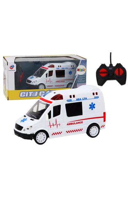 Ambulanță cu telecomandă R/C, albă, lumini și sunete, roți din cauciuc, 17 cm, 3 ani+