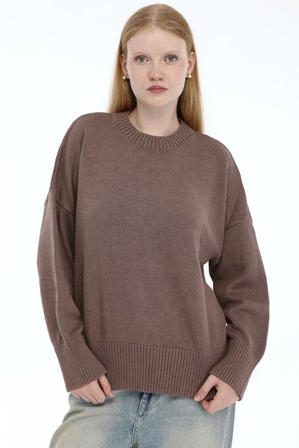 Mink Women's 100% Cotton Oversize Plain Knit Low Shoulder Crew Neck Knitwear Sweater Trist-6168