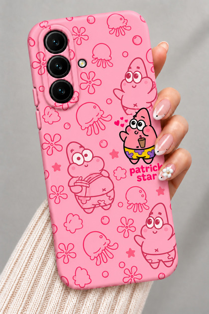 Samsung Galaxy S24 Plus Uyumlu Kılıf Pembe Patrick Star Desenli Kamera Korumalı Sevimli Çizgi Film Tasarım Şık Soft Touch Kapak