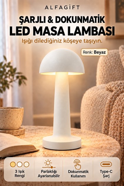 Şarjlı Dokunmatik LED Mantar Masa Lambası 3 Işık Tonlu Dimmerli Type-C Kablosuz Abajur Gece Lambası