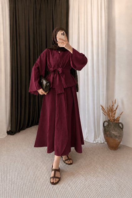 Single Button Belted Skirt Suit - 3182 - Burgundy