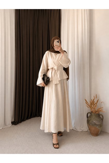 Single Button Belted Skirt Suit - 3182 - Stone