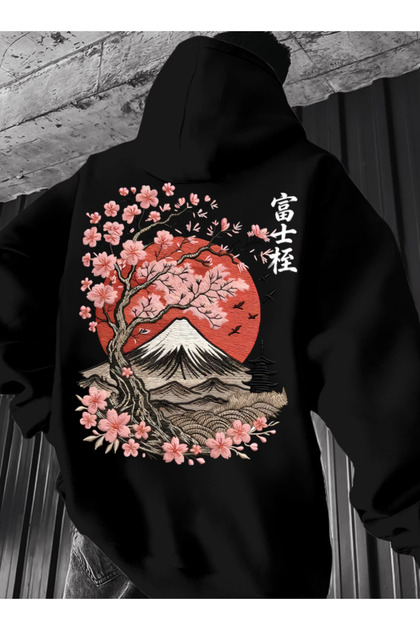 Unisex Men'S/Women's Japanese Mountain Printed Premium Hooded Sweatshirt with 2 Yarns Oversized Sweatshirt Hoodie