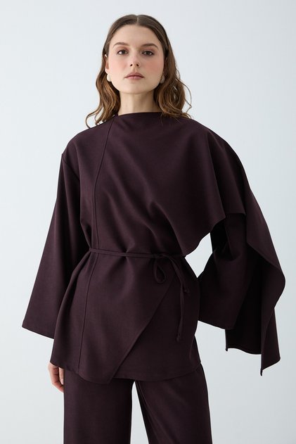 Women's Crew Neck Lace-Up Asymmetrical Tunic and Wide-Leg Pants Two-Piece Set - Plum