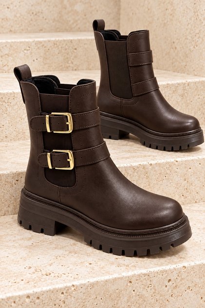 Strada Double Buckle Elastic Thick Sole Casual Women's Boots