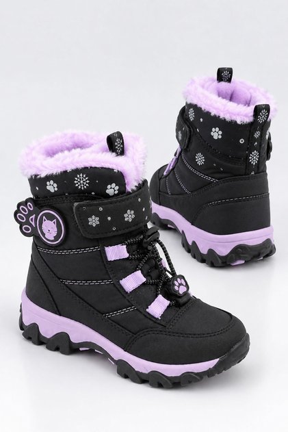 حذاء ثلج وشتاء حراري للفتيات باللون الأسود مزين برسومات قطة صغيرة ومضاد للانزلاق