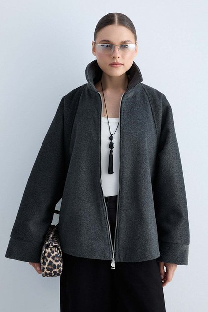 Women's Stand Collar Zippered Oversize Short Jacket with Wide Sleeves and Pocket Detail, Relaxed Fit - Anthracite