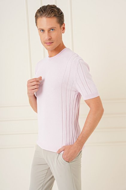 Slim Fit Crew Neck Short Sleeve Pink Knitwear Tr 869