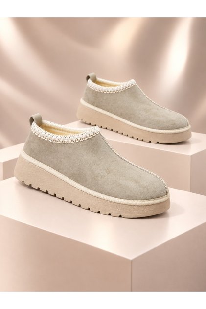 Baytuluk Bt-W1 Beige Suede High Sole Casual Men's Shoes with Fur Inside