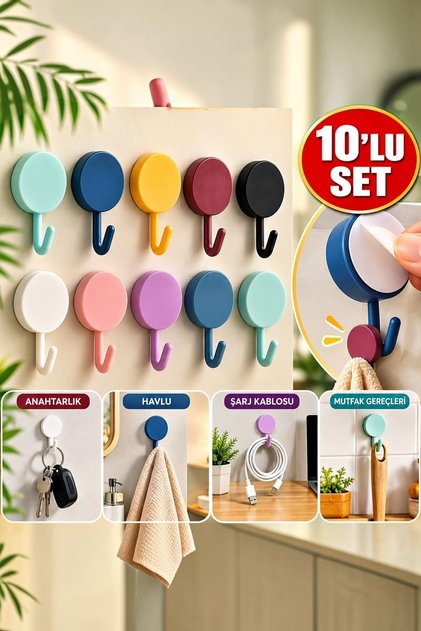 10'lu Plastik Kendinden Yapışkanlı Renkli Duvar Askısı Çok Amaçlı Kanca Seti