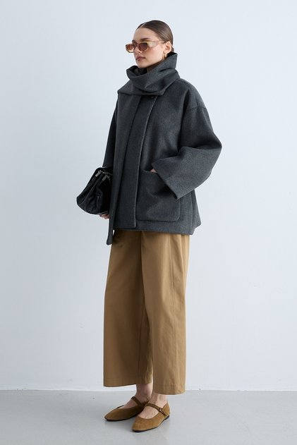 Women's Shawl Collar Single Button Oversize Short Coat with Pocket Detail Wide Sleeve Coat - Anthracite