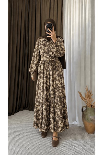 Floral Patterned Front Buttoned Chiffon Dress - 5165 - Khaki