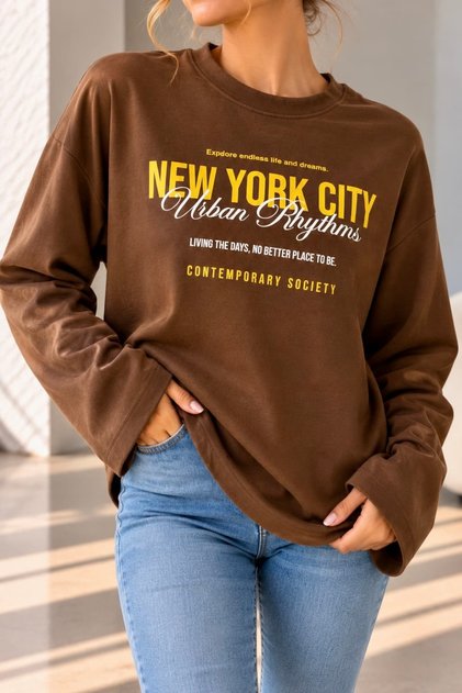 Women's Printed Loose Sleeve Oversize Slim Sweatshirt Trend Model Mu3535